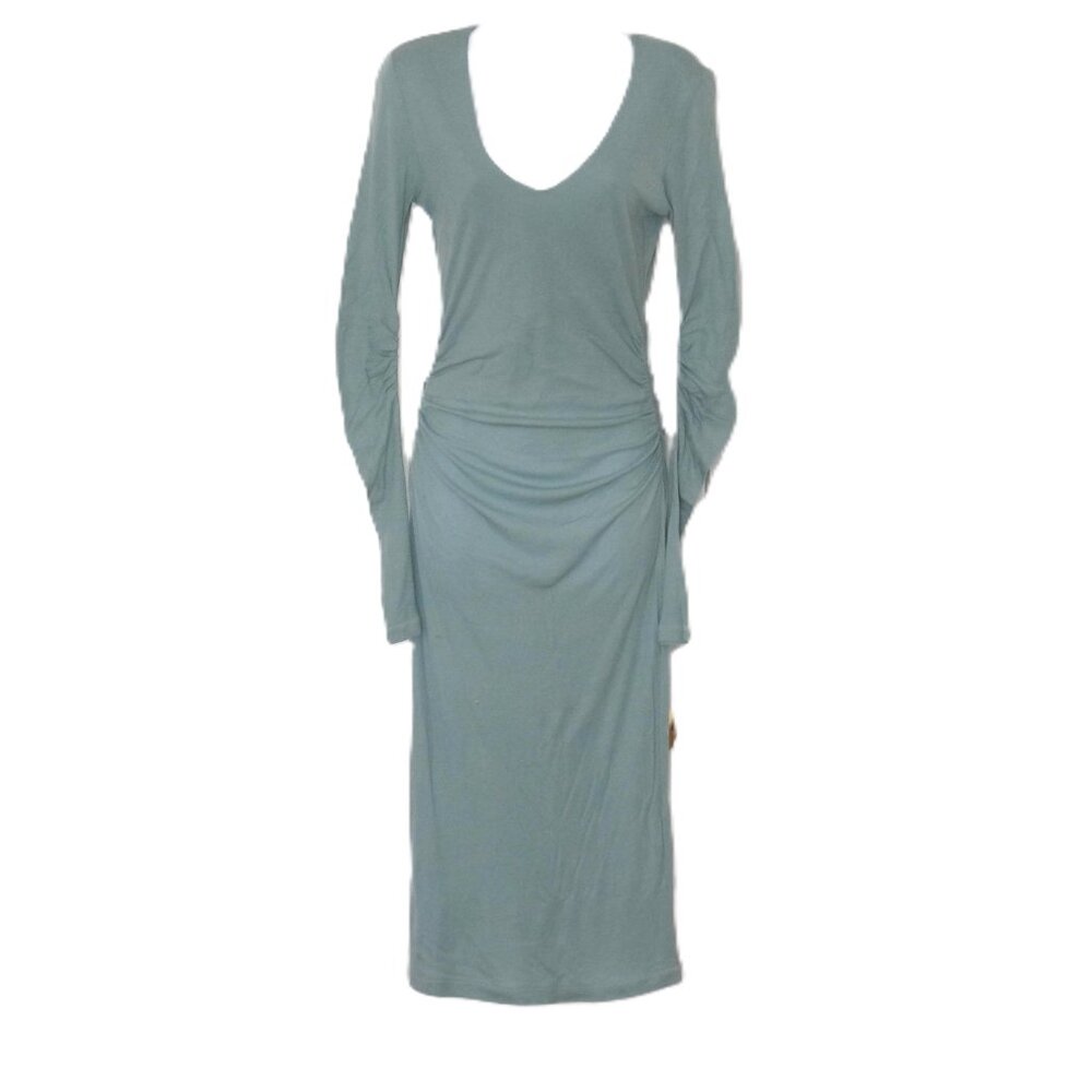 James Perse Sage Ruched jersey midi dress V-neck Ribbed Knit Long sleeves sz 2